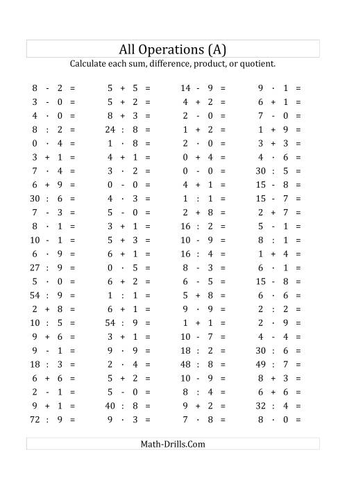 The 100 Horizontal Mixed Operations Questions (Facts 0 to 9) Euro Format (All) Math Worksheet