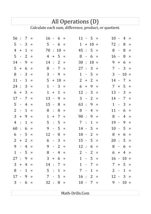 The 100 Horizontal Mixed Operations Questions (Facts 1 to 10) Euro Format (D) Math Worksheet