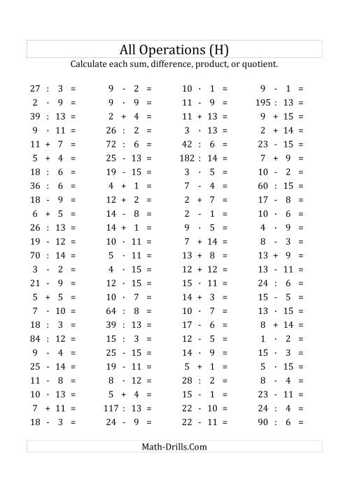 The 100 Horizontal Mixed Operations Questions (Facts 1 to 15) Euro Format (H) Math Worksheet
