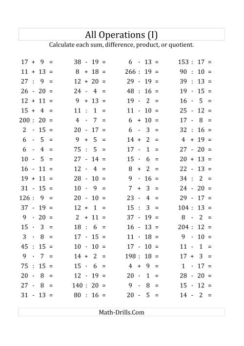 The 100 Horizontal Mixed Operations Questions (Facts 1 to 20) Euro Format (I) Math Worksheet
