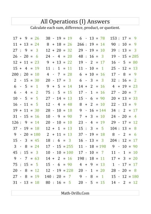 The 100 Horizontal Mixed Operations Questions (Facts 1 to 20) Euro Format (I) Math Worksheet Page 2