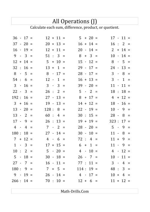 The 100 Horizontal Mixed Operations Questions (Facts 1 to 20) Euro Format (J) Math Worksheet