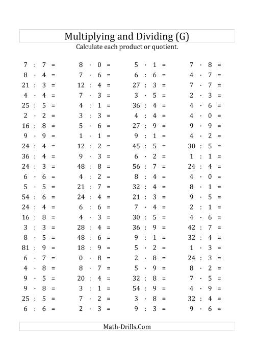 The 100 Horizontal Multiplication/Division Questions (Facts 0 to 9) Euro Format (G) Math Worksheet