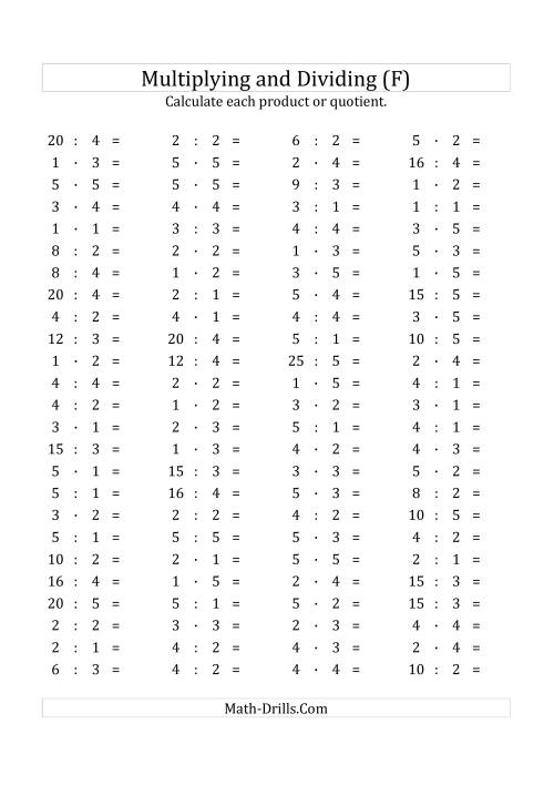 The 100 Horizontal Multiplication/Division Questions (Facts 1 to 5) Euro Format (F) Math Worksheet
