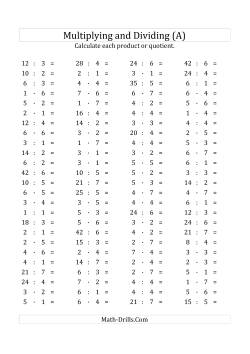 100 Horizontal Multiplication/Division Questions (Facts 1 to 7) Euro Format