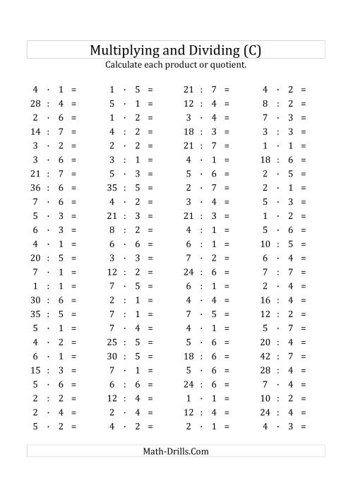 The 100 Horizontal Multiplication/Division Questions (Facts 1 to 7) Euro Format (C) Math Worksheet