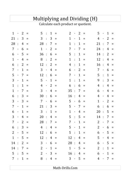 The 100 Horizontal Multiplication/Division Questions (Facts 1 to 7) Euro Format (H) Math Worksheet