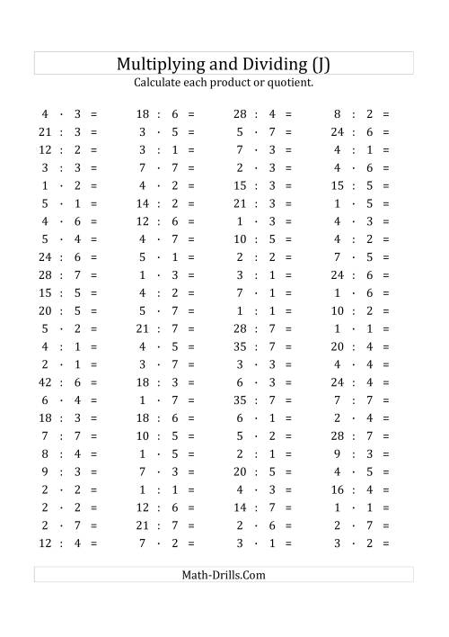 The 100 Horizontal Multiplication/Division Questions (Facts 1 to 7) Euro Format (J) Math Worksheet