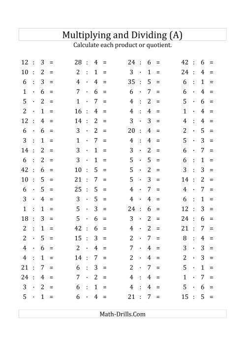 The 100 Horizontal Multiplication/Division Questions (Facts 1 to 7) Euro Format (All) Math Worksheet