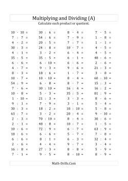 100 Horizontal Multiplication/Division Questions (Facts 1 to 10) Euro Format