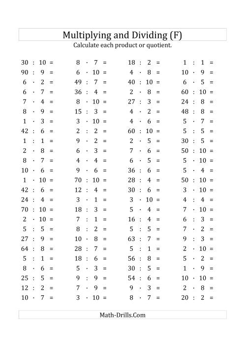 The 100 Horizontal Multiplication/Division Questions (Facts 1 to 10) Euro Format (F) Math Worksheet