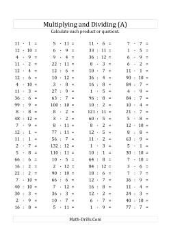 100 Horizontal Multiplication/Division Questions (Facts 1 to 12) Euro Format