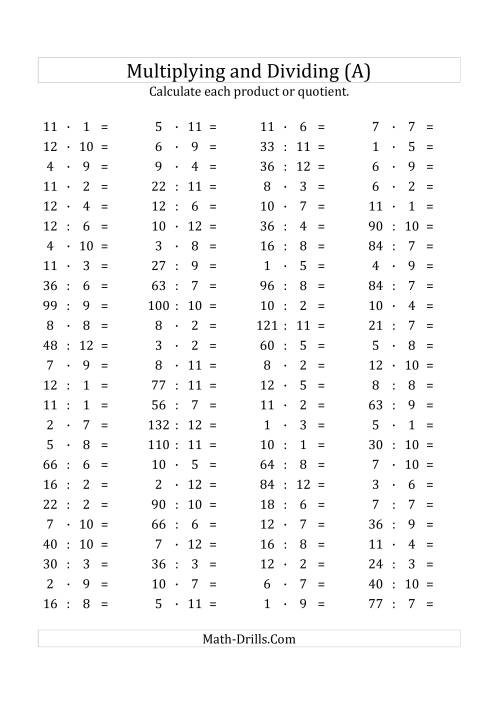 100 horizontal multiplicationdivision questions facts 1 to 12 euro