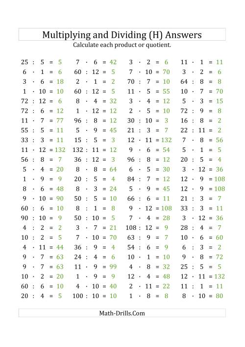 The 100 Horizontal Multiplication/Division Questions (Facts 1 to 12) Euro Format (H) Math Worksheet Page 2