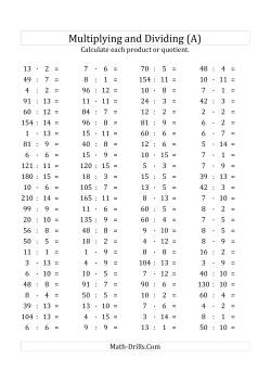 100 Horizontal Multiplication/Division Questions (Facts 1 to 15) Euro Format