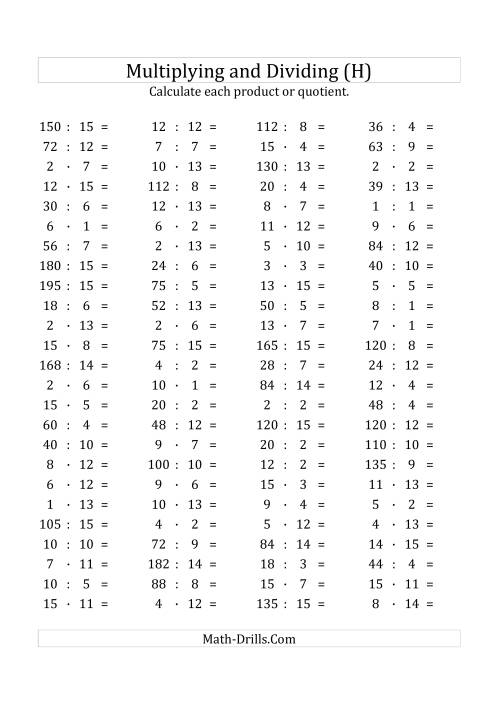 The 100 Horizontal Multiplication/Division Questions (Facts 1 to 15) Euro Format (H) Math Worksheet