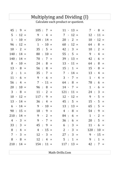 The 100 Horizontal Multiplication/Division Questions (Facts 1 to 15) Euro Format (I) Math Worksheet