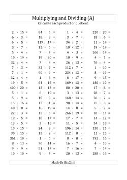 100 Horizontal Multiplication/Division Questions (Facts 1 to 20) Euro Format