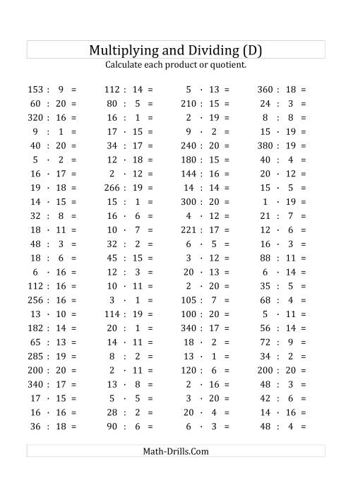 The 100 Horizontal Multiplication/Division Questions (Facts 1 to 20) Euro Format (D) Math Worksheet