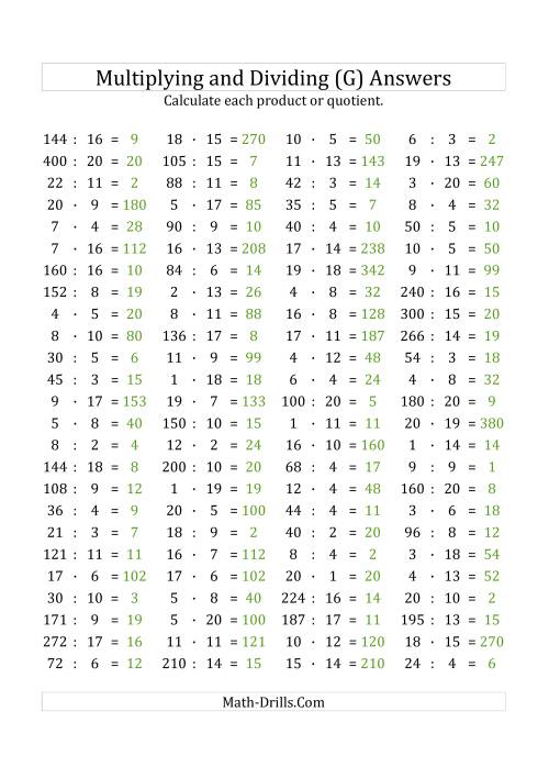 The 100 Horizontal Multiplication/Division Questions (Facts 1 to 20) Euro Format (G) Math Worksheet Page 2