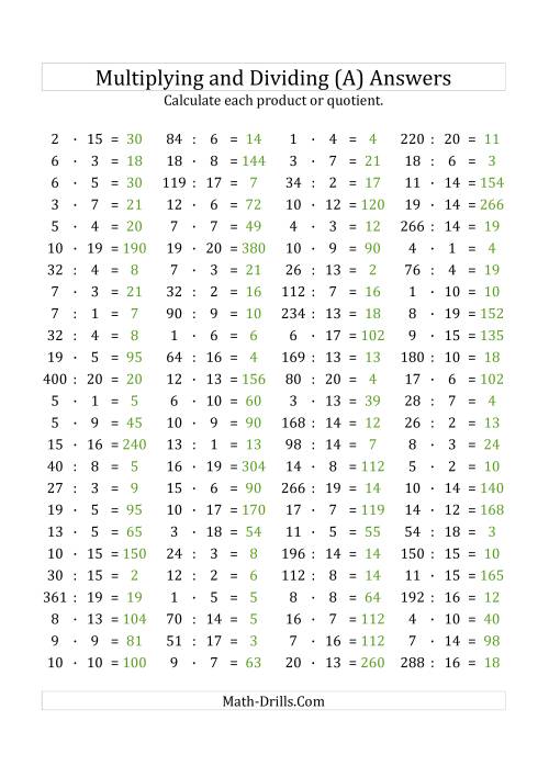 The 100 Horizontal Multiplication/Division Questions (Facts 1 to 20) Euro Format (All) Math Worksheet Page 2