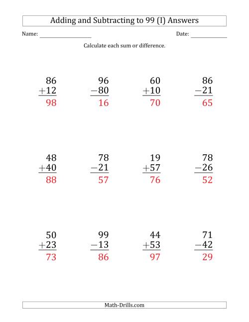 The Large Print Adding and Subtracting 2-Digit Numbers with Sums and Minuends up to 99 (12 Questions) (I) Math Worksheet Page 2