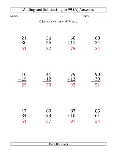 large print adding and subtracting 2 digit numbers with sums and