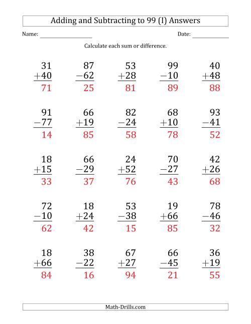 The Large Print Adding and Subtracting 2-Digit Numbers with Sums and Minuends up to 99 (25 Questions) (I) Math Worksheet Page 2