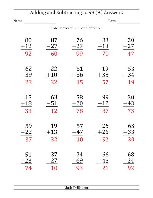 The Large Print Adding and Subtracting 2-Digit Numbers with Sums and Minuends up to 99 (25 Questions) (All) Math Worksheet Page 2