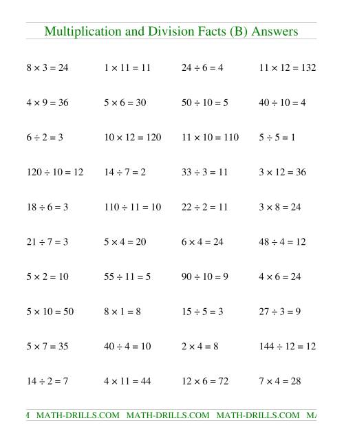 The Multiplying and Dividing Facts to 144 (B) Math Worksheet Page 2