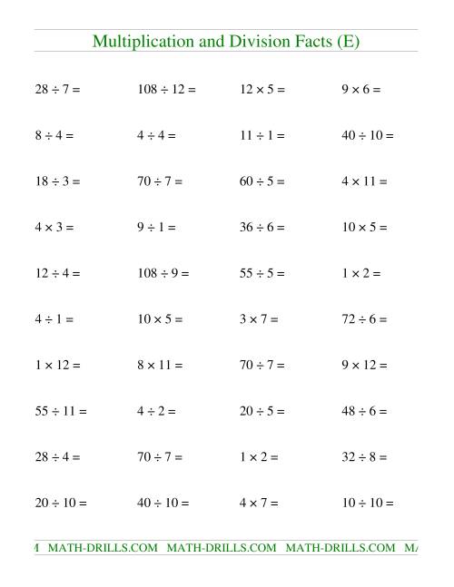 The Multiplying and Dividing Facts to 144 (E) Math Worksheet