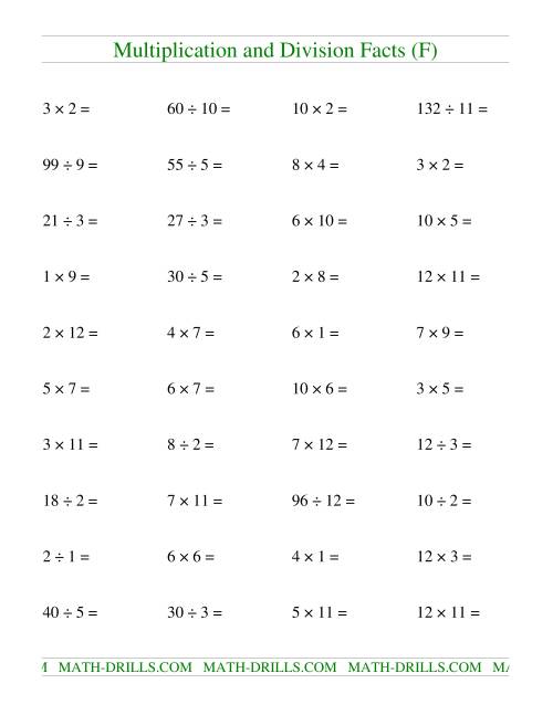 The Multiplying and Dividing Facts to 144 (F) Math Worksheet