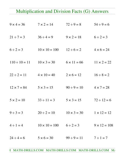 The Multiplying and Dividing Facts to 144 (G) Math Worksheet Page 2