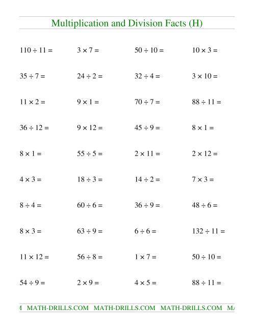 The Multiplying and Dividing Facts to 144 (H) Math Worksheet