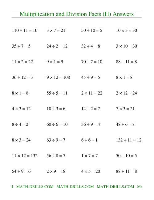 The Multiplying and Dividing Facts to 144 (H) Math Worksheet Page 2
