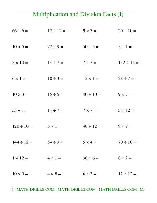 The Multiplying and Dividing Facts to 144 (I) Math Worksheet