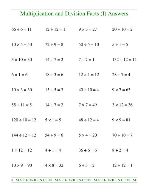 The Multiplying and Dividing Facts to 144 (I) Math Worksheet Page 2