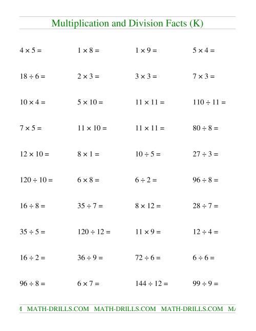 The Multiplying and Dividing Facts to 144 (K) Math Worksheet