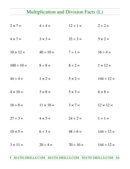 The Multiplying and Dividing Facts to 144 (L) Math Worksheet