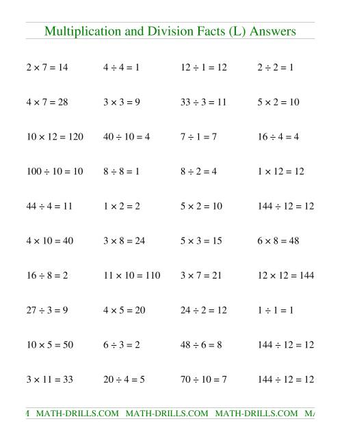 The Multiplying and Dividing Facts to 144 (L) Math Worksheet Page 2
