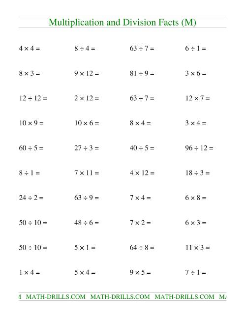 The Multiplying and Dividing Facts to 144 (M) Math Worksheet