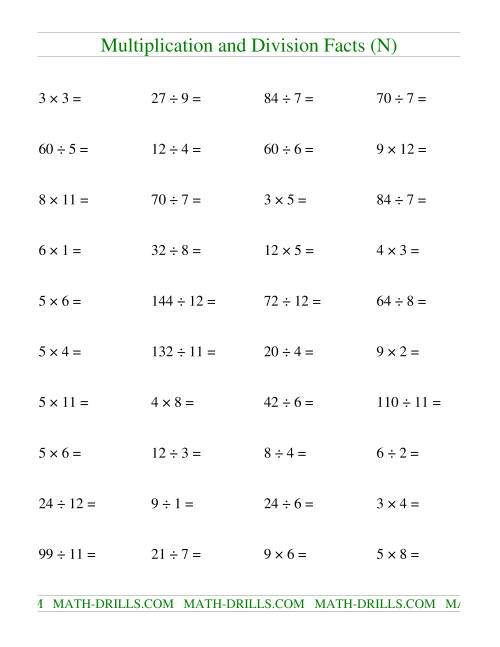 The Multiplying and Dividing Facts to 144 (N) Math Worksheet