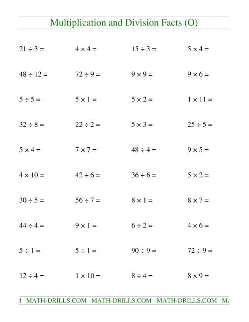 The Multiplying and Dividing Facts to 144 (O) Math Worksheet