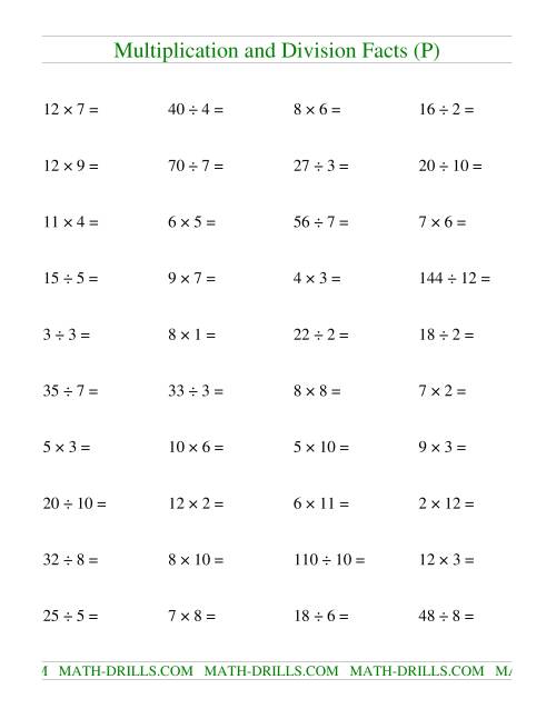 The Multiplying and Dividing Facts to 144 (P) Math Worksheet