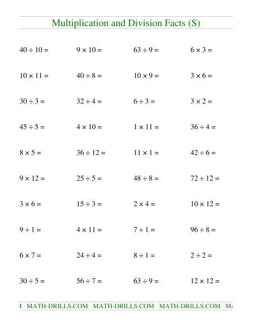 The Multiplying and Dividing Facts to 144 (S) Math Worksheet