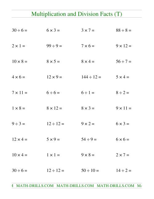 The Multiplying and Dividing Facts to 144 (T) Math Worksheet
