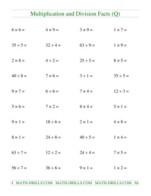 The Multiplying and Dividing Facts to 81 (Q) Math Worksheet