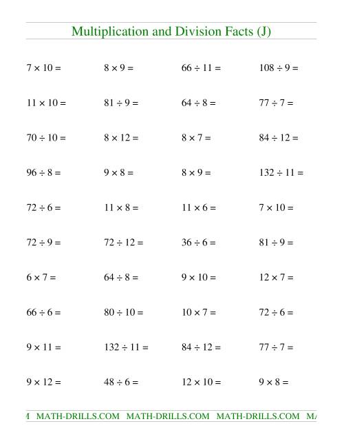 The Multiplying and Dividing Facts from 36 to 144 (J) Math Worksheet
