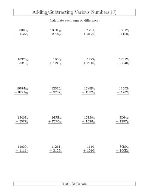 The Adding and Subtracting Various Base Numbers (J) Math Worksheet