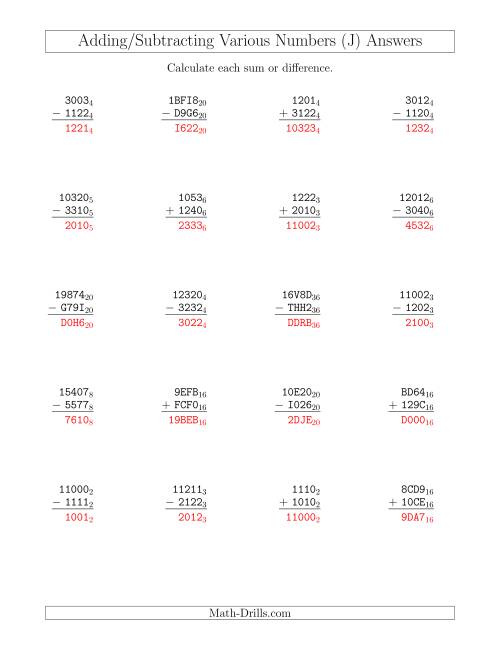 The Adding and Subtracting Various Base Numbers (J) Math Worksheet Page 2